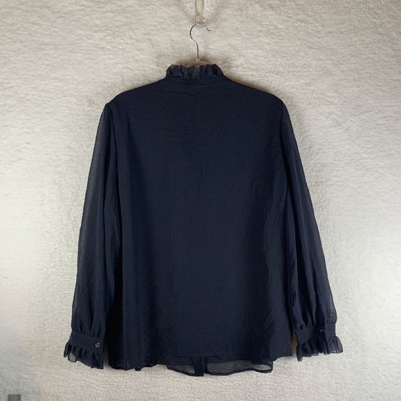 Carmen Marc‎ Valvo Sheer Blouse Womens XL Black Ruffle Sleeve Button Front 7761 - Picture 2 of 5
